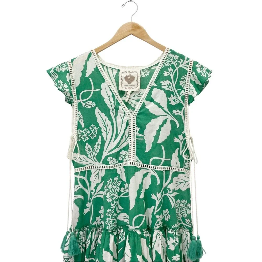 Z&L Europe Green White Floral Print Boho Mini Dress Tassel Tie Cotton Sz Medium